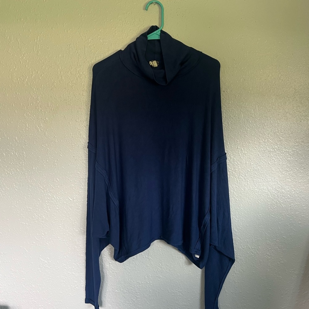 We The Free Blue Cowl Neck Sweater with Asymmetrical Hem